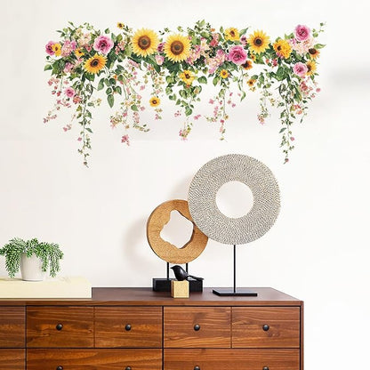 Sunflower Wall Stickers Vinyl Flower Wall Decals Peel and Stick Wall Murals Art Decor Wallpaper for Girls Bedroom Living Room Kitchen Tv Background
