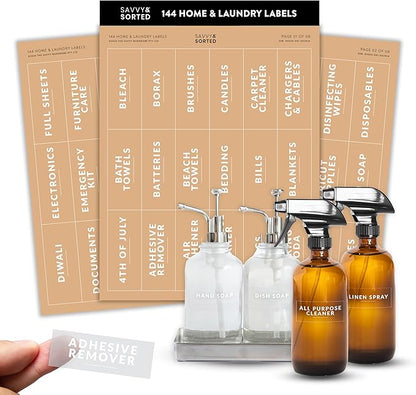Laundry Labels for Jars, 144 Preprinted Home and Laundry Label Stickers for Storage Bins, Cleaning Jars, Spray Bottles, Linen Closet, Household Organization