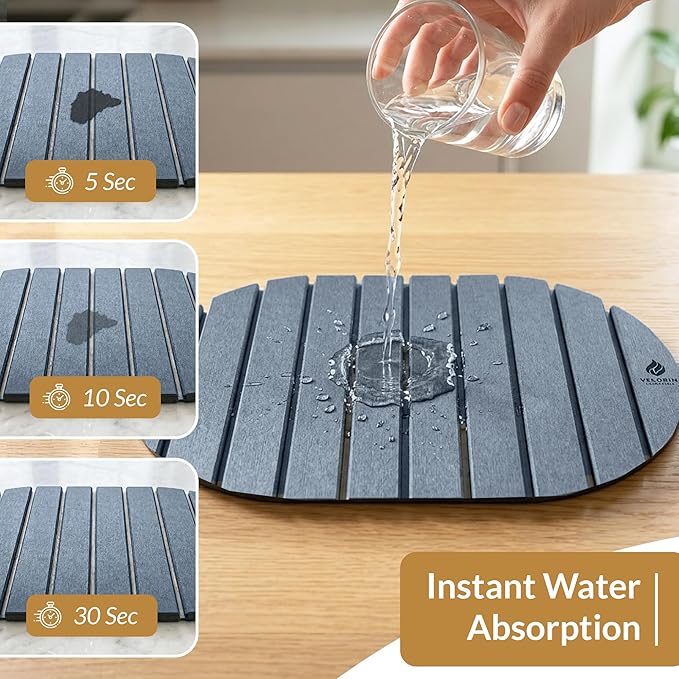Stone Dish Drying Mat for Kitchen Counter, Quick Dry Diatomaceous Earth Drying Mat, Foldable Absorbent Stone Drying Pad, 2 PCS 24" × 16" & 8" × 4" for Dishes, Cups, Bottles & Utensils (Dark Gray)