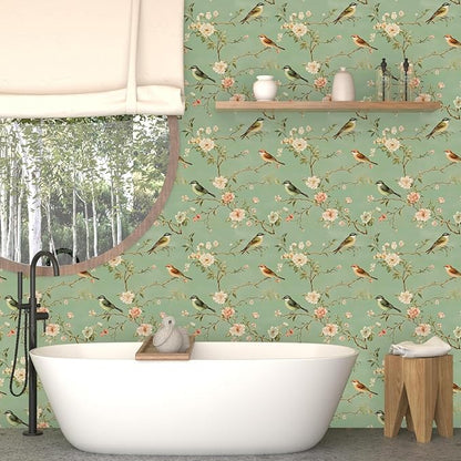 Laatse Green Floral Wallpaper Peel and Stick Bird Wallpaper Pink Flower Contact Paper 17.5" × 118" Waterproof Vinyl Self Adhesive Vintage Wall Paper for Bedroom Walls Cabinet Locker Decor