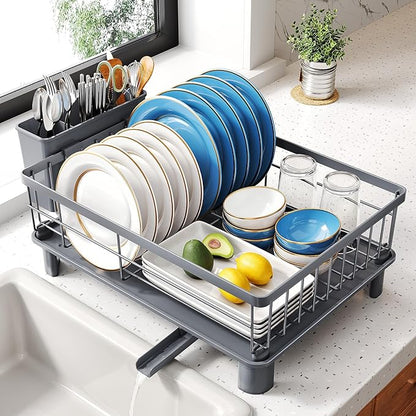 SNTD Dish Drying Rack - Small Dish Rack for Kitchen Counter, Stainless Steel Dish Drainer with Utensil Holder and Drainboard, 11" W x 15" L (Grey)