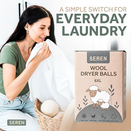 SEREN Wool Dryer Balls 6 Pack XL with Lavender Lemon Essential Oils - Organic New Zealand Wool, Natural Fabric Softener Alternative Reduces Static Wrinkles, Chemical-Free Reusable Eco-Friendly