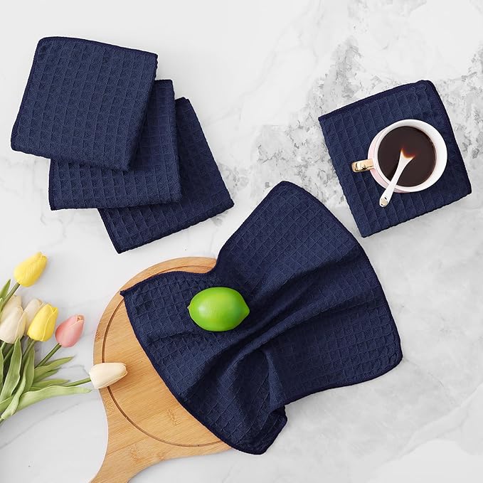 Homaxy Microfiber Waffle Weave Kitchen Dish Cloths, 12 x 12 Inch Ultra Absorbent and Solid Color Dish Towels for Kitchen Fast Drying Dishcloth for Washing Dishes, 8 Pack, Navy Blue