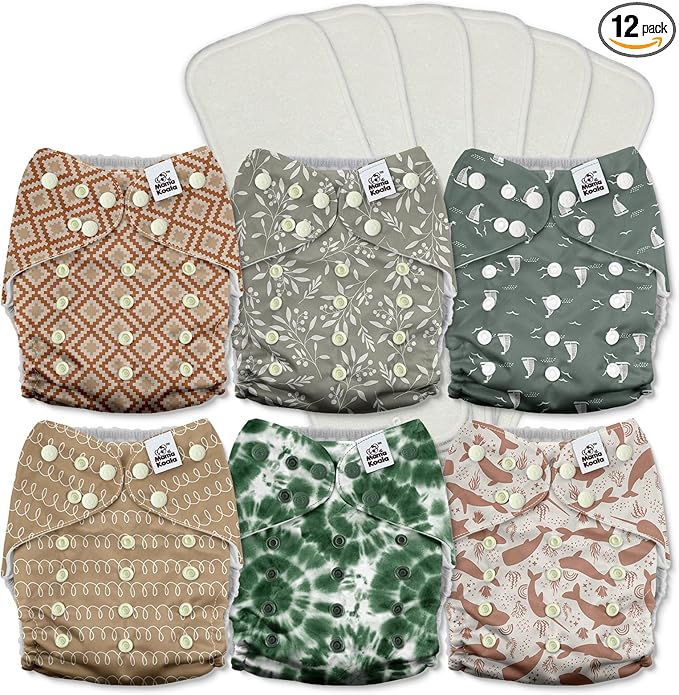Mama Koala 3.0 Pocket Cloth Diapers for Babies with AWJ Lining, 6 Pack with 6 5-Layer Natural Cloth Diaper Inserts - Reusable and Washable Pocket Diapers(A-Calm Spring)