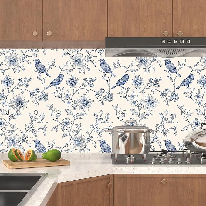 Beige Wallpaper Peel and Stick Blue Floral Bird Vintage Contact Paper 17.5" x 118" Boho Animal Self Adhesive Waterproof Removable for Bathroom Shelves Cabinet Drawer Table Decor Renter Friendly
