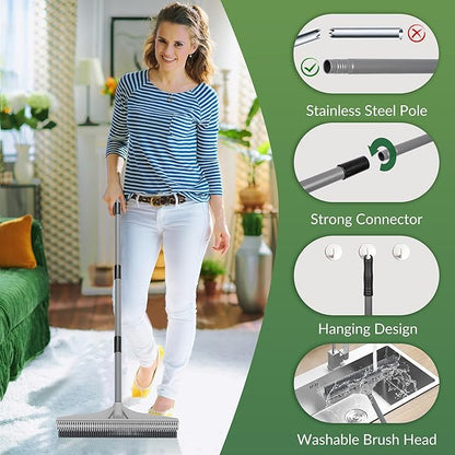 Walensee Carpet Rake for Pet Hair Removal, 2 in 1 Rug Rake to Fluff Carpet with Nylon Groomer Brush, Adjustable Long Handle for Shag Rugs, Stairs, Mats and Floors, Rubber Broom