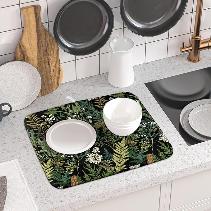 Green Plant Fern Leaves Floral Dish Drying Pad 16 x 18 Inch With Absorbent Reversible Microfiber Black Flower Botanical Leaf Vintage Drying Mats Dish Drainer Mat Fast Dry For Kitchen Dining Room