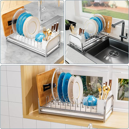 Dish Drying Rack for Small Kitchen Counter, 304 Stainless Steel Small Dish Rack w Utensil Holder & Tray for Limited Space, Rustproof Narrow Dish Rack for Pot & Pan, Plate, Lid (Silvery)