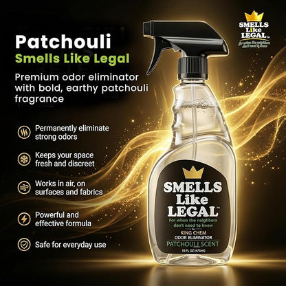Smells Like Legal™ Patchouli Odor Eliminator Spray – Powerful Commercial-Grade – Eliminates Smoke, Pet & Food Odors at source – Fabric-Safe, Non-Staining – Biodegradable Air & Fabric Freshener – 16 oz