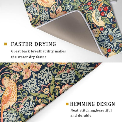 Navy Blue Sage Green Chinoiserie Dish Drying Pad 18 x 24 Inch With Absorbent Reversible Microfiber Vintage Strawberry Floral Bird Drying Mats Dish Drainer Mat Fast Dry For Kitchen