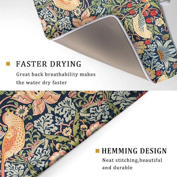 KSLIDS Strawberry Blue Green Pimpernel Dish Drying Mat Chinoiserie Floral Bird Colorful Microfiber Absorbent Drying Mats Reversible Kitchen Countertop Protector Dishes Drainer Rack Pad 18x24 Inch