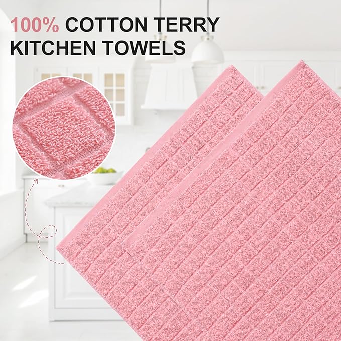 Homaxy Premium Cotton Kitchen Towels 16"x 28", Large Natural Ring Spun 390 GSM Dish Towels, Super Absorbent Terry Kitchen Hand Towels, Soft Tea Towels with Hanging Loop, Pure Pink Design, 8 Pack