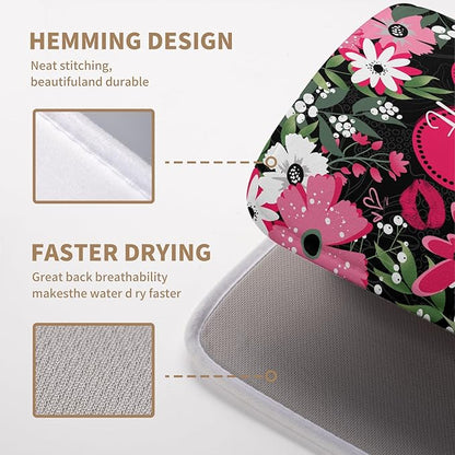Heart Dish Drying Mat - 16x18 Inch Absorbent Dish Drainer Rack Mat - White Red Rose Floral Drying Pad - Valentine's Day Kitchen Accessories