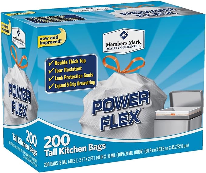 Member's Mark 13 gal Power Flex, Leak Protection, Tall Kitchen Simple Fit Drawstring Bags (Flex Power)
