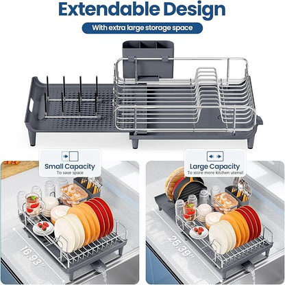 TOOLF Expandable Dish Rack, Dish Drying Rack for Kitchen Counter, Foldable Dish Dryer Rack, Stainless Steel Dish Drainer Racks with Cutlery Holder, Collapsible Dish Drying Racks Large Size,Gray