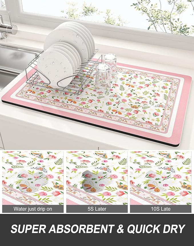 Rnivvi Dish Drying Mat for Kitchen Counter, 12 x 19" Cute Flower Theme Super Absorbent Draining Pad, Non-Slip Heat Resistant Coffee Bar Mats for Coffee Machine Station Accessories, Pink Dish Rack Pad