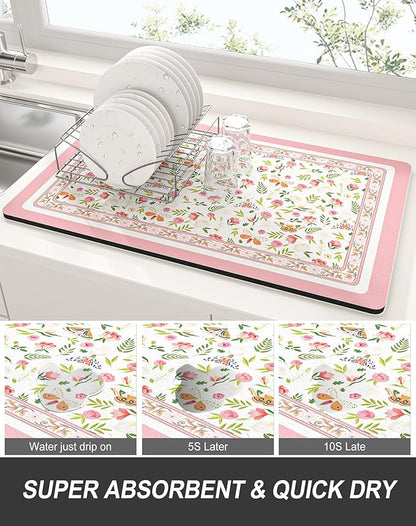 Rnivvi Dish Drying Mat for Kitchen Counter, 12 x 19" Cute Flower Theme Super Absorbent Draining Pad, Non-Slip Heat Resistant Coffee Bar Mats for Coffee Machine Station Accessories, Pink Dish Rack Pad