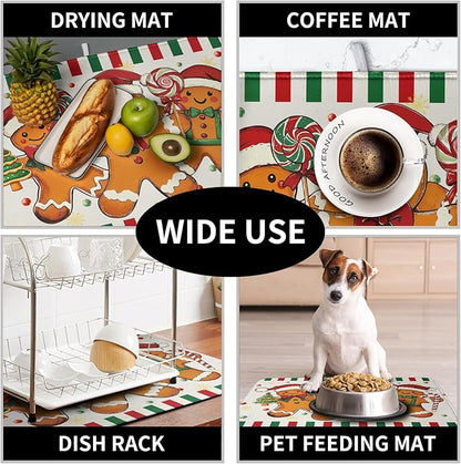 Christmas Dish Drying Mat Gingerbread Man Candy Cane Xmas Tree Drying Mats for Kitchen Counter Winter Holiday Dish Drainer Pad Absorbent Microfiber Dish Draining Mat 18x24 Inch