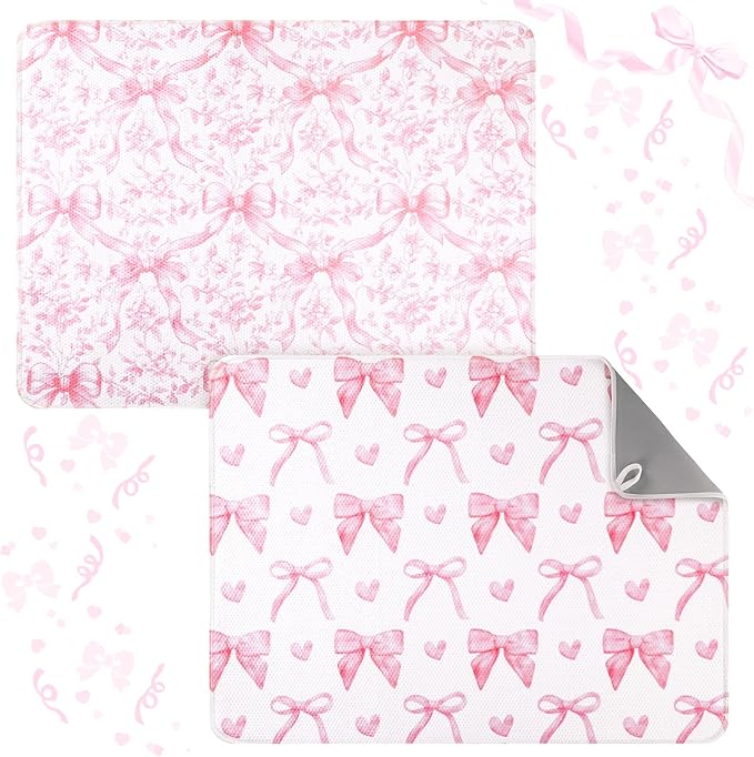 SiliFine 2 Pcs Large Coquette Pink Bow Dish Drying Mat Large for Kitchen, 18 X 24 Inch Bow Absorbent Microfiber Coffee Bar Pad for Women Counter Kitchen Home Accessories Party Gifts