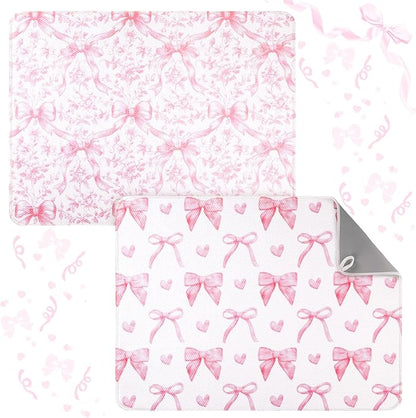 SiliFine 2 Pcs Large Coquette Pink Bow Dish Drying Mat Large for Kitchen, 18 X 24 Inch Bow Absorbent Microfiber Coffee Bar Pad for Women Counter Kitchen Home Accessories Party Gifts