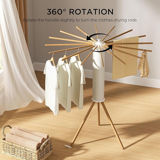 SUNOUTLY Tripod Clothes Drying Rack, Garment Rack Portable and Foldable Space Saving Laundry Drying Rack - Dryer Rack Clothing Floor Folding Balcony Bedroom Household (Beige(Wood), 16 rods)