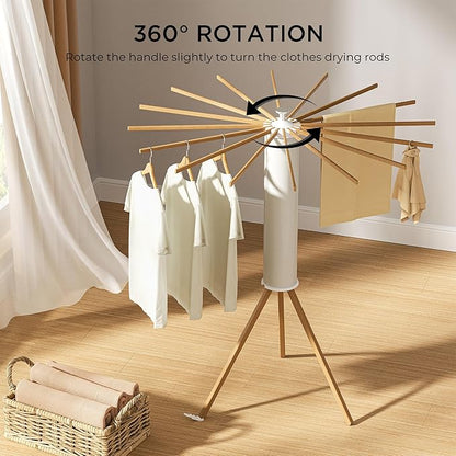 SUNOUTLY Tripod Clothes Drying Rack, Garment Rack Portable and Foldable Space Saving Laundry Drying Rack - Dryer Rack Clothing Floor Folding Balcony Bedroom Household (Beige(Wood), 16 rods)