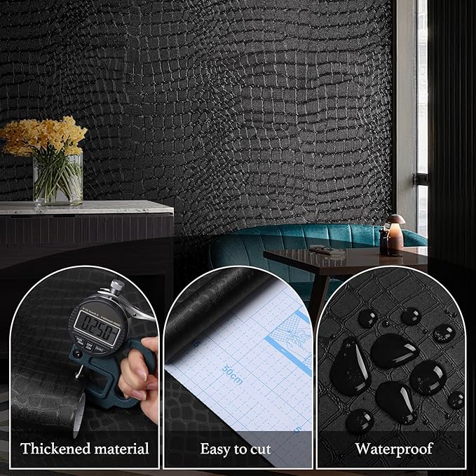Peel and Stick Wallpaper Black Crocodile Wall Paper Modern Textured Self-Adhesive Removable Contact Paper Thicken Waterproof Easy to Clean Decorative for Bedroom Bathroom Film 118 "x15.75
