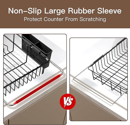Over the Sink Expandable Dish Drainer Drying Rack In Stainless Steel for Small Kitchen, Counter Space Saving Modern Compact Metal Above Plate Dryer Strainer, Adjustable Hanging Inside Drain Holder