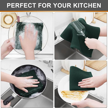 Kitinjoy 100% Cotton Kitchen Dish Cloths (12 X 12 Inches, Blackish Green), 8 Pack Waffle Weave Ultra Soft Absorbent Dish Towels for Drying Dishes Quick Drying Kitchen Towels Dish Rags