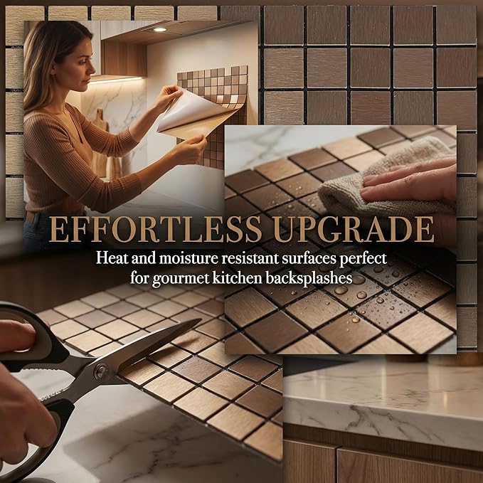10pcs Waterproof Non-Slip Mosaic Wall Stickers, Heat-Resistant Self-Adhesive Tiles, Easy Cut & Peel for Kitchen Bathroom Bedroom Living Room (10, Coppery)