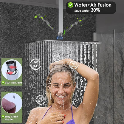 Enga Dual Shower Head Shower System with Body Jets, 12" Ceiling Mounted Rain Shower Head & 6" Wall Mounted Head Full Body Rainfall Shower Faucet with Valve Kit, Chrome