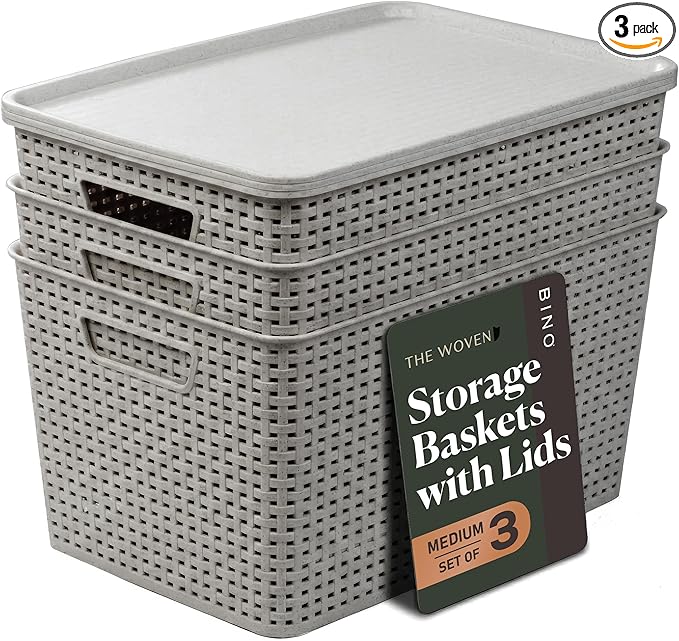BINO | Plastic Storage Baskets with Lids, 22 Liter - 3 Pack, Natural Grey | THE WOVEN COLLECTION | Storage Basket for Shelves | Woven Storage Baskets for Organizing Bins | Pantry Shelf Organizer Bin