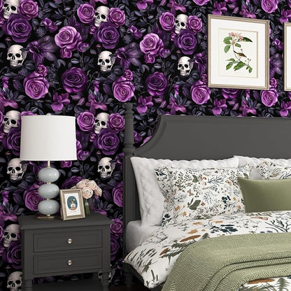 Black Purple Wallpaper Peel and Stick, Dark Floral Skull Contact Paper 17.5" x 393.7", Vintage Rose Gothic Flowers Wall Paper Self Adhesive Waterproof Removable for Bathroom Cabinet Drawer Table Decor