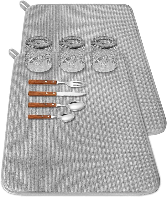 2 Pack Large Dish Drying Mat for Kitchen Counter,24*17 inch Microfiber Absorbent Dish Drainer,Large Size Dish Drying Pad for Countertops,Draining Racks,Sinks(Gray)