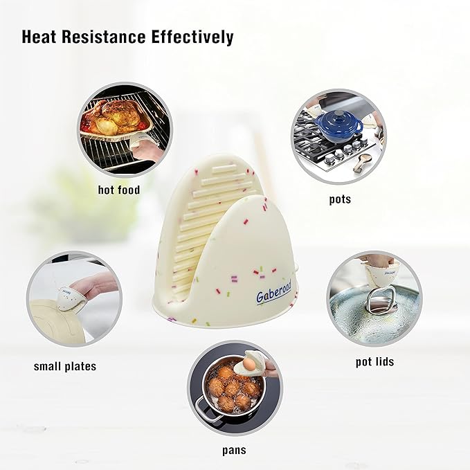 Thickened Mini Silicone Oven Mitts Heat Resistant as Hot Pot Holder, Baking Holder, Rubber Oven Gloves, Finger Pinch Grips, Potholder Mitts for Kitchen Cooking, 1 Pair, White Confetti