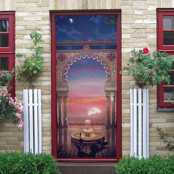 A.Monamour 3D Door Stickers for Interior Doors Balcony View at Sunset with Arabian Interior Design Vinyl Waterproof Self Adhesive Door Mural Decals for Bedroom Office Bathroom 95x215cm