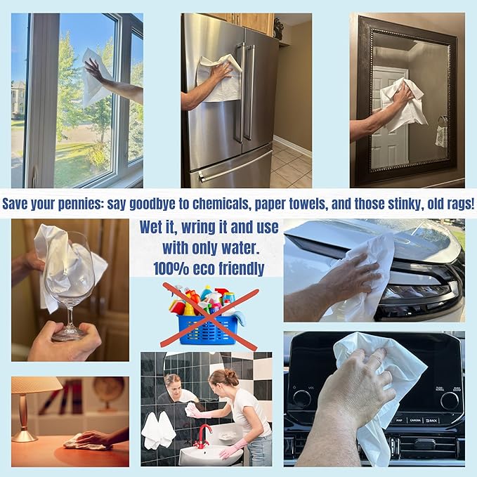 Crystal Clean Eco-Cloth Amazing Lint-Free/Streak-Free/Chemical-Free Microfiber Cloth for Windows & Glass/Mirrors Stainless Steel Appliances TV/Computer/ Tablets...5 in a Pack, White, 16''x16''