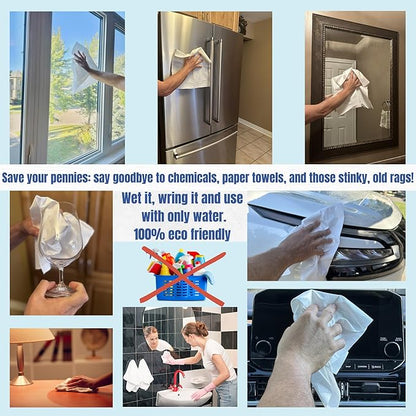 Crystal Clean Eco-Cloth Amazing Lint-Free/Streak-Free/Chemical-Free Microfiber Cloth for Windows & Glass/Mirrors Stainless Steel Appliances TV/Computer/ Tablets...5 in a Pack, White, 16''x16''