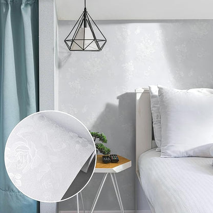 White Wallpaper Silk Embossed Floral White Contact Paper for Cabinets Furniture 118inL 17.7inW Textured Thicken Self Adhesive Wallpaper for Bedroom Flower Solid Contact Paper Vinyl Shelf Liner