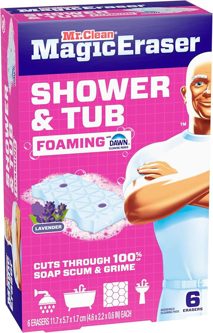 Mr. Clean Magic Eraser Sponge, Bathroom, Shower, Tub Cleaner, Soap Scum Remover, Bathroom Cleaning Supplies, Dawn Cleaning Power with Lavender Scent, Shower & Tub, 6ct