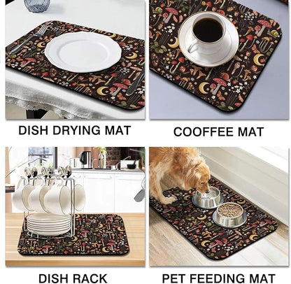 Dish Drying Mat for Kitchen Counter 2 Pack with Non-Slip Rubber Backing - Heat-Resistant Absorbent Coffee Bar Mat, Dish Rack Mat, Mushrooms Dish Drying Mats 18x24+19.5x12 inch