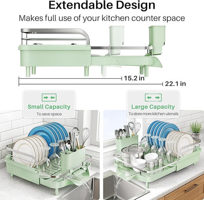 SNTD Dish Drying Rack, Expandable Dish Rack for Kitchen Counter, Stainless Steel Dish Drainer with Drainboard Set and Utensil Holder (Green)