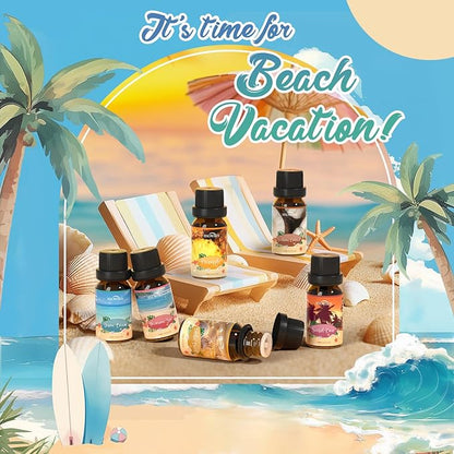 Beach Essential Oils Set, SNOWSEN Fragrance Oil for Diffuser, Candle Making, Soap Making, Spray,Sunbeam Coconut, Pineapple, Ocean Breeze, Sunset Cove, Golden Beach, Hawaiian Sea, Tropical Scented Oil