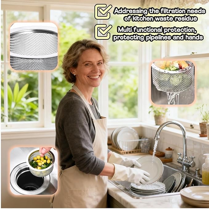 3" Kitchen Sink Strainer, 2-Pack Fine Mesh Basket - Catches Food Waste, Hair & Prevents Clogs, Rust-Proof Stainless Steel, Fits Standard Drain