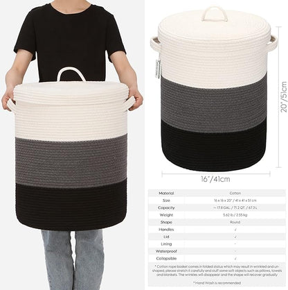 Sea Team Large Size Cotton Rope Woven Storage Basket with Lid, Lidded Laundry Hamper with Handles, Fabric Bucket with Cover, Clothes Toys Organizer for Kid's Room, 16 x 20 inches, White & Black