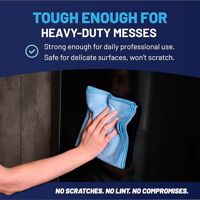 MW PRO Microfiber Cleaning Cloths Blue (12 Pack, 12x12) - Commercial Janitorial Towels & Lint Free Rags - Heavy Duty for Auto Detailing, Glass Windows, Housekeeping & Screens - Washable 300+ Times