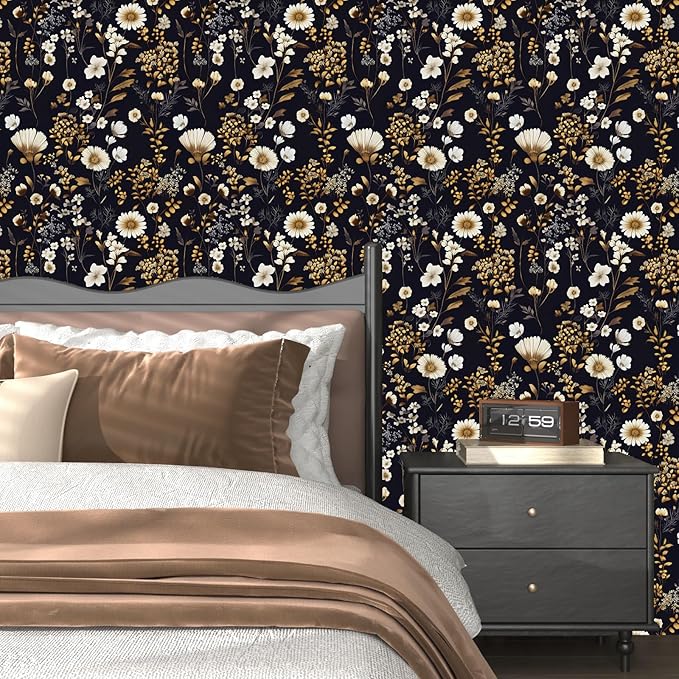 Dark Floral Peel and Stick Wallpaper Vintage Flower Contact Paper Vinyl Waterproof Self Adhesive Removable Retro Decor Black gold Botanical Wall Paper for Bedroom Walls Bookcase Drawers 17.5" x 118"
