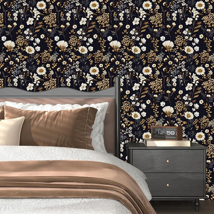 Floral Peel and Stick Wallpaper Vintage Black gold Flower Contact Paper Vinyl Waterproof Self Adhesive Removable Retro Decor Dark Botanical Wall Paper for Bedroom Walls Bookcase Drawers 17.5" x 393"