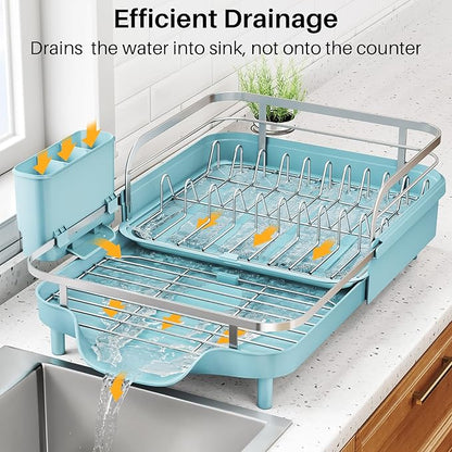 SNTD Dish Drying Rack, Expandable Dish Rack for Kitchen Counter, Stainless Steel Dish Drainer with Drainboard Set and Utensil Holder (Blue)