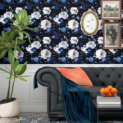 Black Foral Wallpaper Peel and Stick Dark Blue White Rose Contact Paper, Self-Adhesive Removable Vintage Flower Wall Paper for Bedroom Countertop Desk Cabinets Decor 17.4" x 118" Renter Friendly